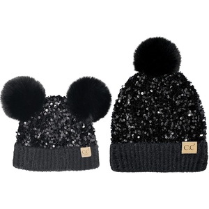 image:imageFunky Junque Matching 2 Pack Matching Sequin Pom Beanie  AdultInfant  Black