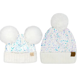 image:imageFunky Junque Matching 2 Pack Matching Sequin Pom Beanie  AdultInfant  White