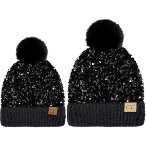 image:imageFunky Junque Matching 2 Pack Sequin Beanie wFaux Fur Pom  AdultToddler  Black