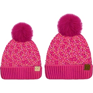 image:imageFunky Junque Matching 2 Pack Sequin Beanie wFaux Fur Pom  AdultToddler  Hot Pink