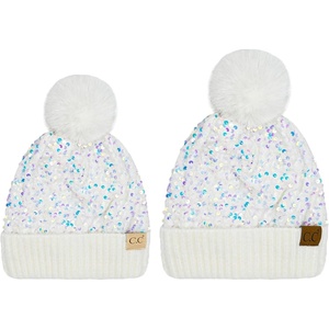 image:imageFunky Junque Matching 2 Pack Sequin Beanie wFaux Fur Pom  AdultToddler  White